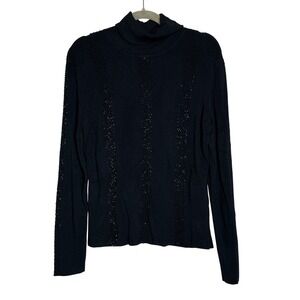 YUKA Black Embellished‎ Mesh Detail Turtleneck Sweater Top Women